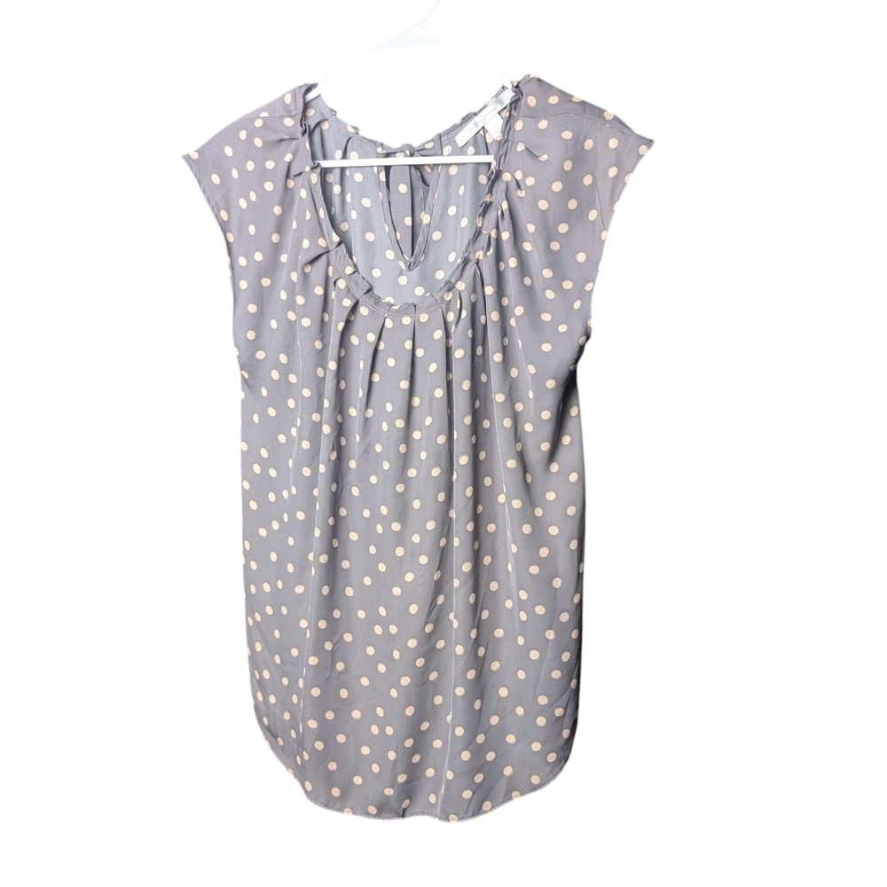 Lc Lauren Conrad Polka Dot Cap Sleeve Women's Large Blouse Gray Cream Tie Back